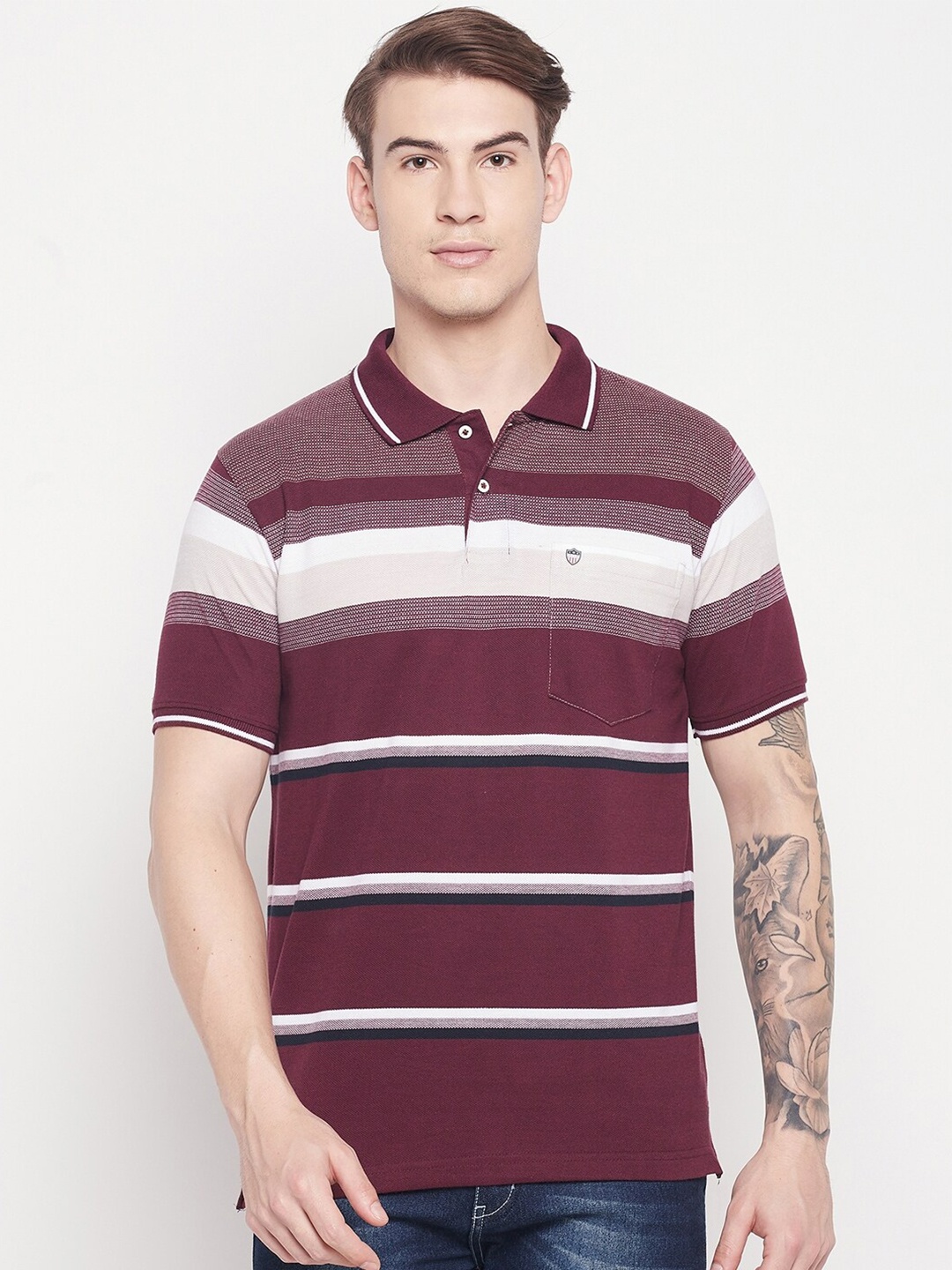 

Duke Men Maroon & Cream-Coloured Striped Polo Collar T-shirt