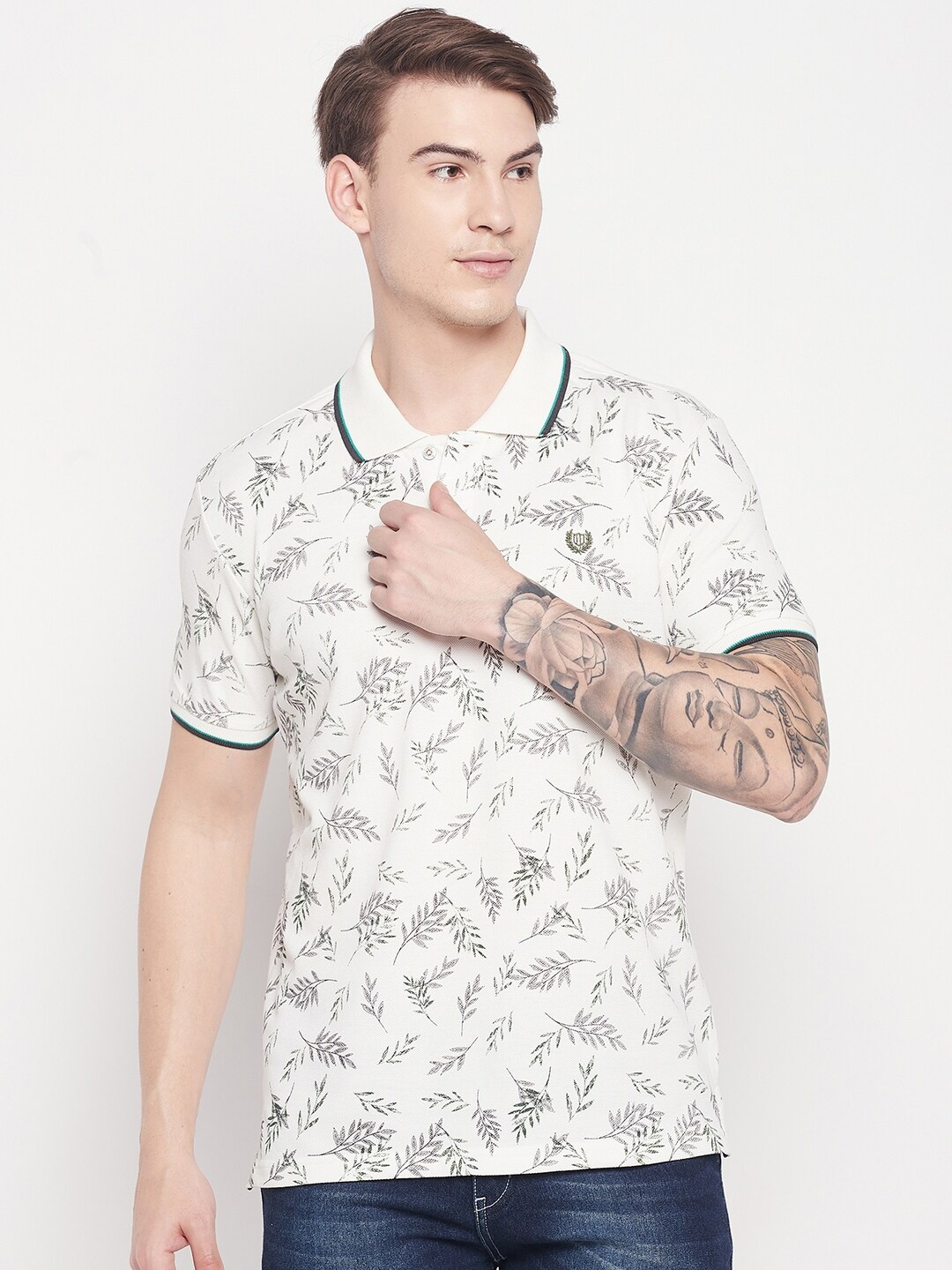 

Duke Men White & Grey Floral Printed Polo Collar Slim Fit T-shirt