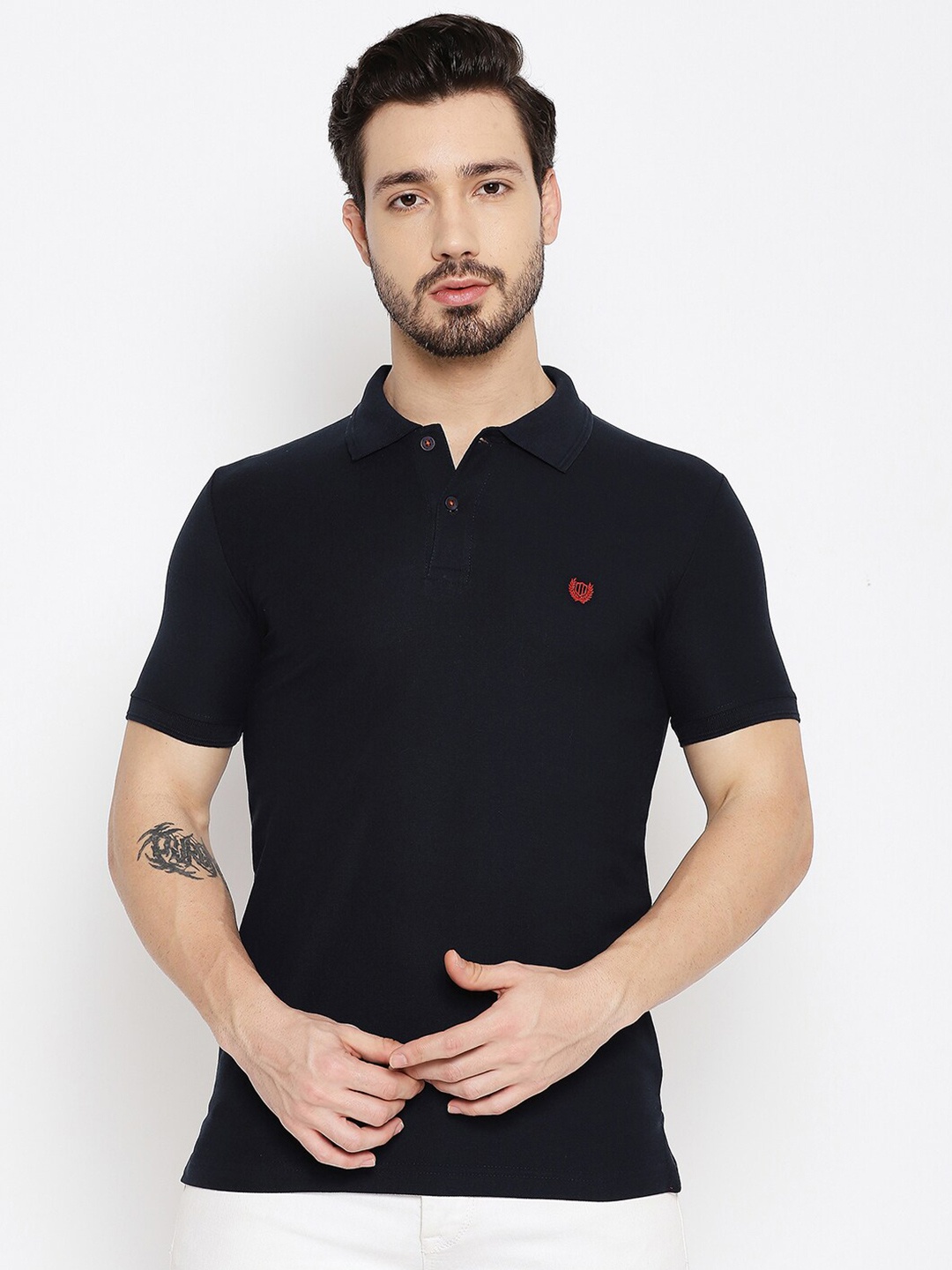 

Duke Men Navy Blue Polo Collar Slim Fit T-shirt