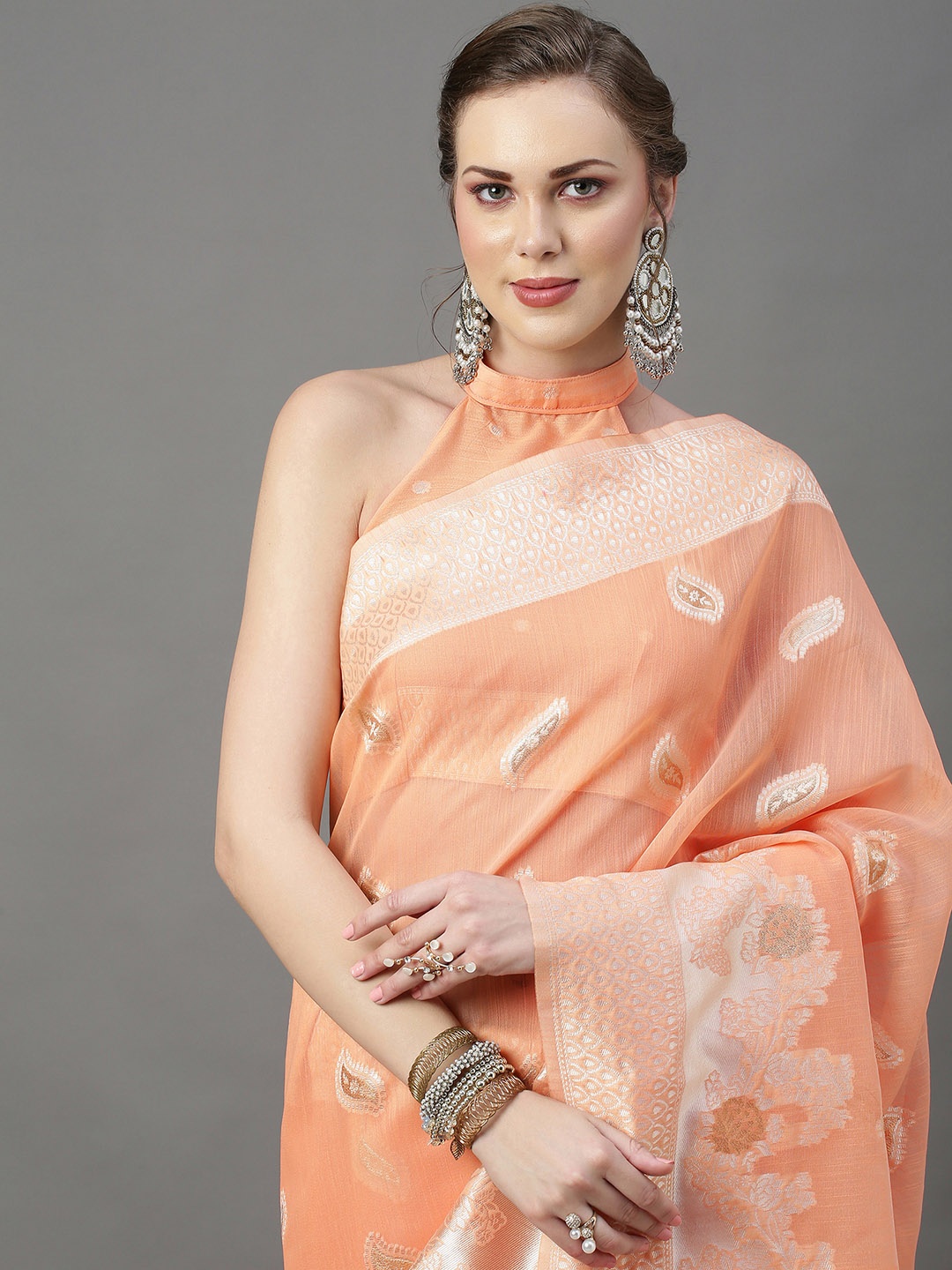 

Mitera Peach-Coloured & Silver-Toned Woven Design Zari Silk Cotton Saree