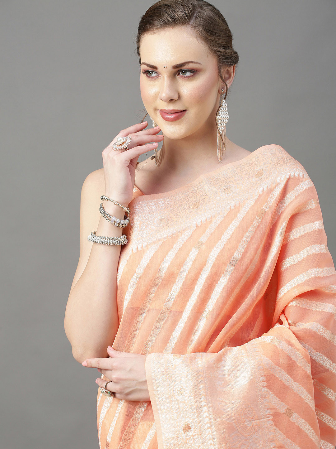 

Mitera Peach-Coloured & Silver-Toned Woven Design Zari Silk Cotton Saree