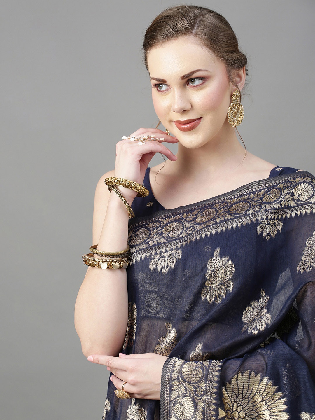 

Mitera Navy Blue & Gold-Toned Floral Zari Silk Cotton Saree