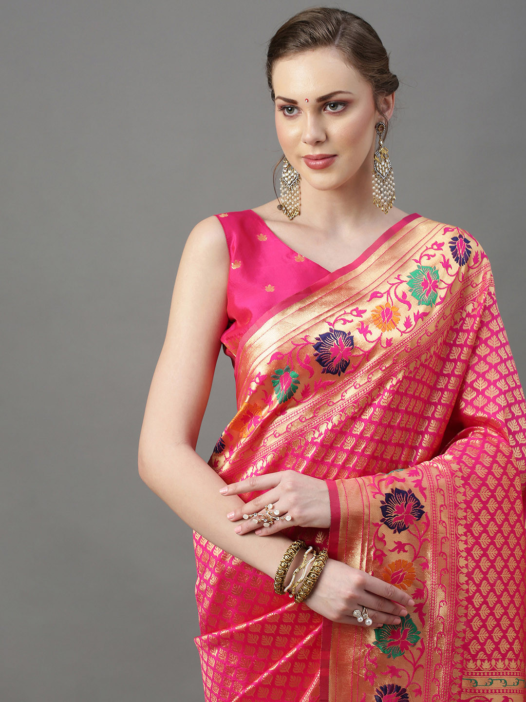 

Mitera Pink & Green Woven Design Zari Silk Blend Saree