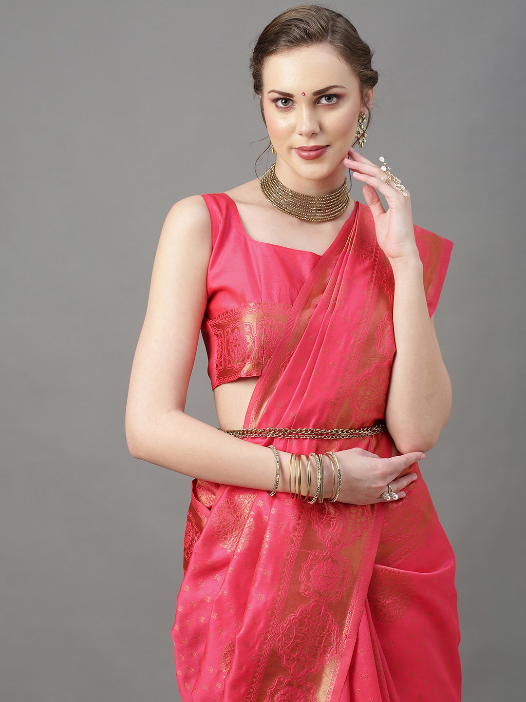 

Mitera Pink & Gold Woven Design Zari Silk Blend Banarasi Saree With Matching Blouse