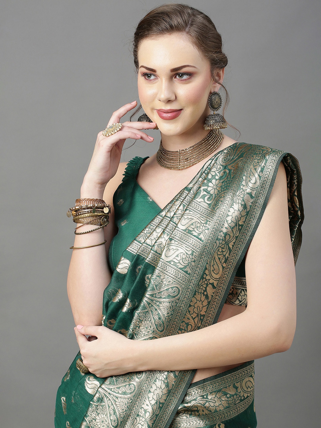 

Mitera Women Green & Gold Woven Design Zari Silk Cotton Banarasi Saree