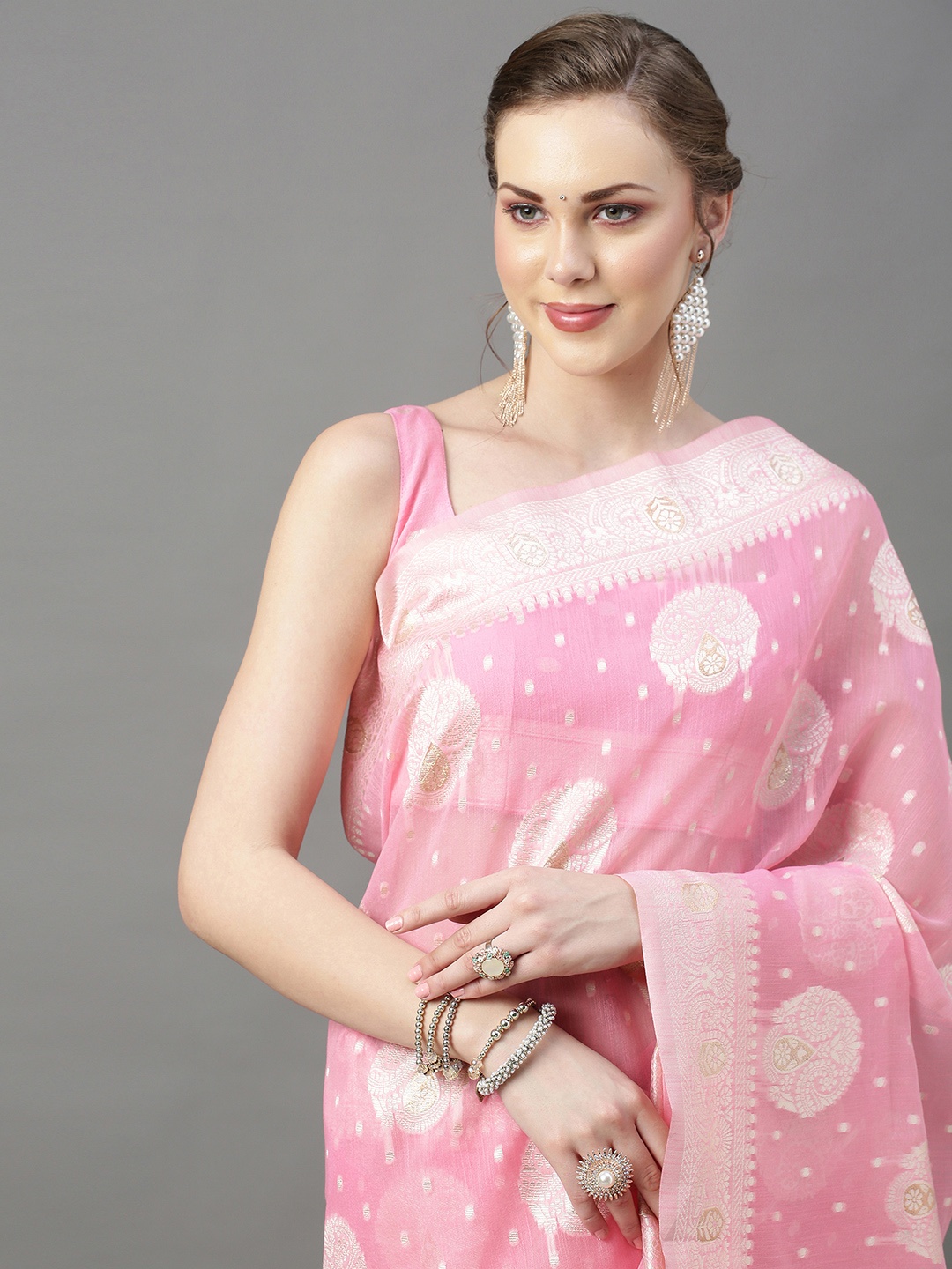 

Mitera Women Pink & Silver-Toned Woven Design Zari Silk Cotton Banarasi Saree