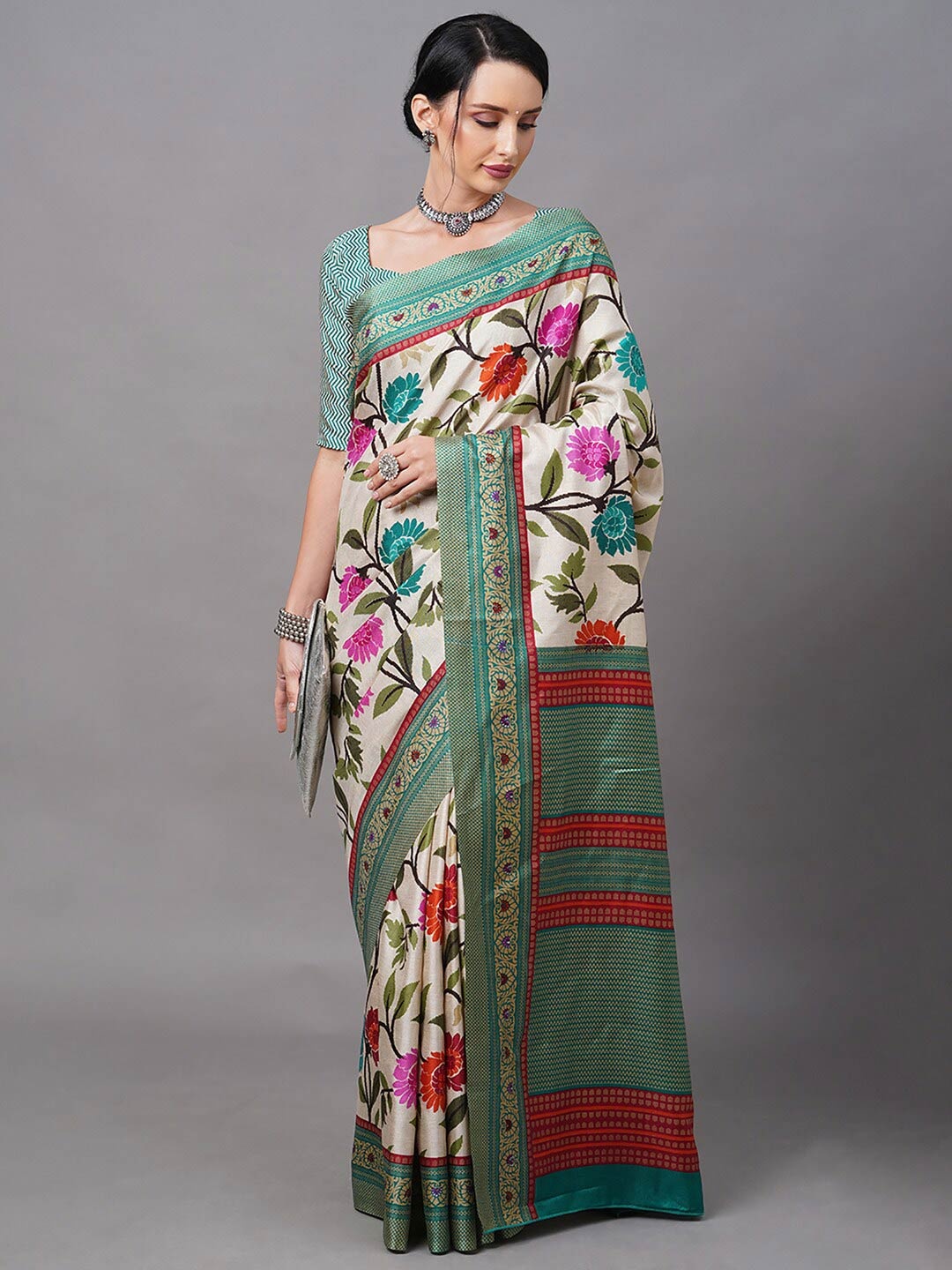 

Mitera Women Cream & Teal Floral Printed Silk Blend Banarasi Saree