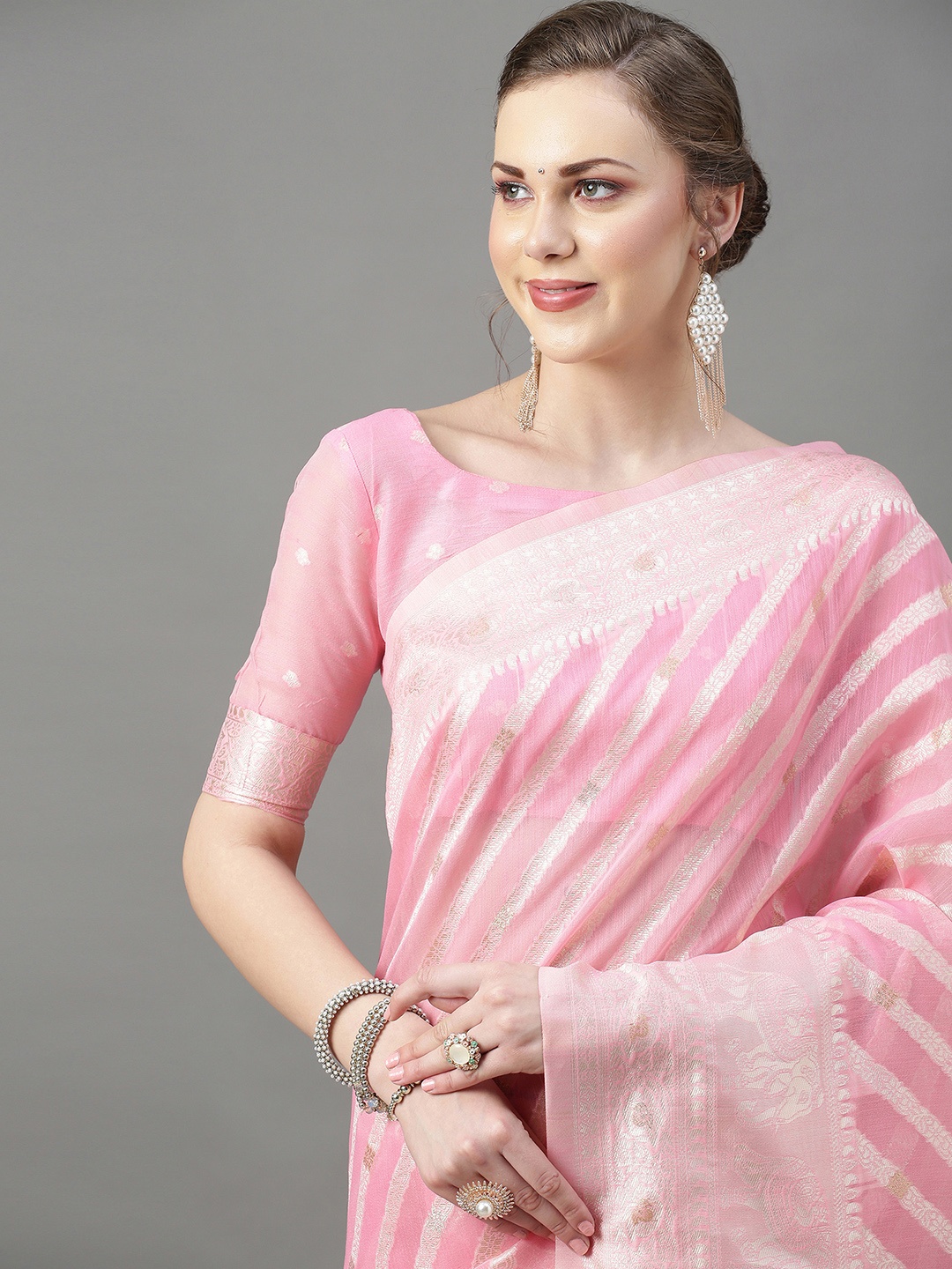 

Mitera Women Pink & Gold Ethnic Motifs Zari Silk Cotton Banarasi Saree
