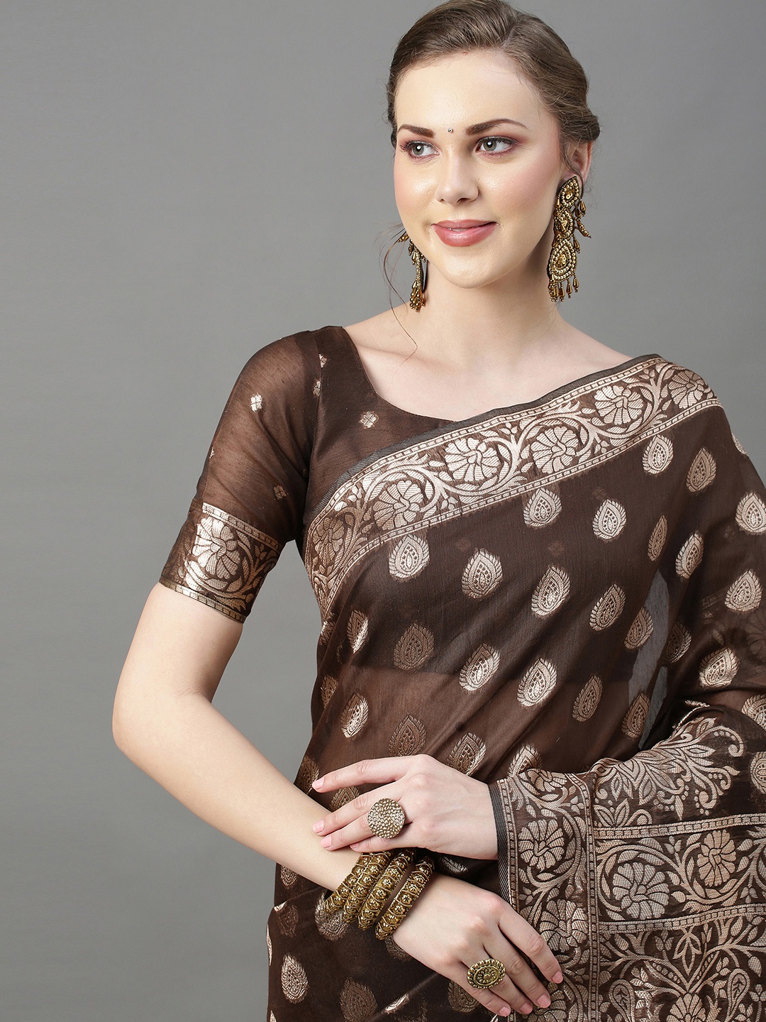 

Mitera Women Brown & Gold Woven Design Zari Silk Cotton Banarasi Saree