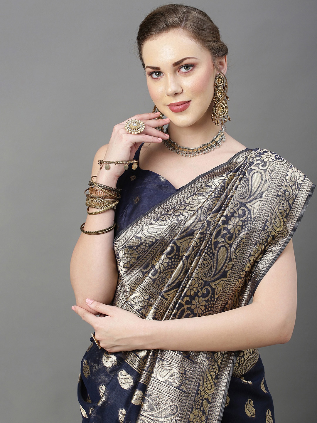 

Mitera Women Navy Blue & Gold Ethnic Motifs Zari Silk Cotton Banarasi Saree
