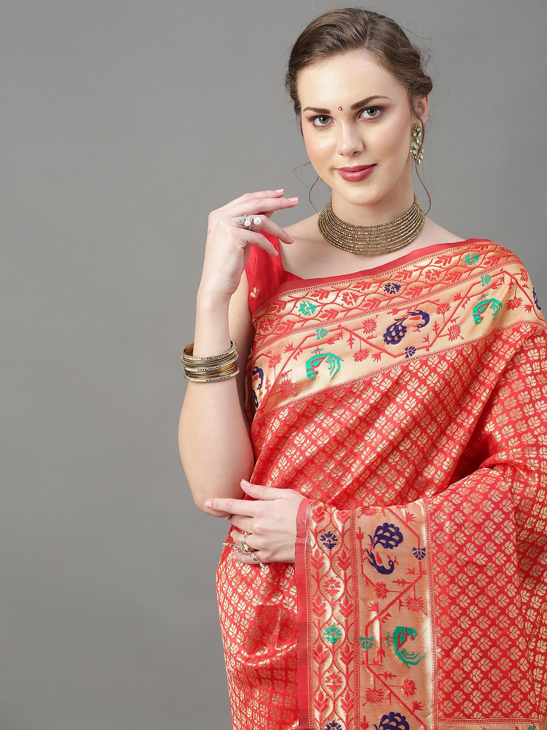 

Mitera Red & Gold-Toned Woven Design Zari Silk Blend Saree