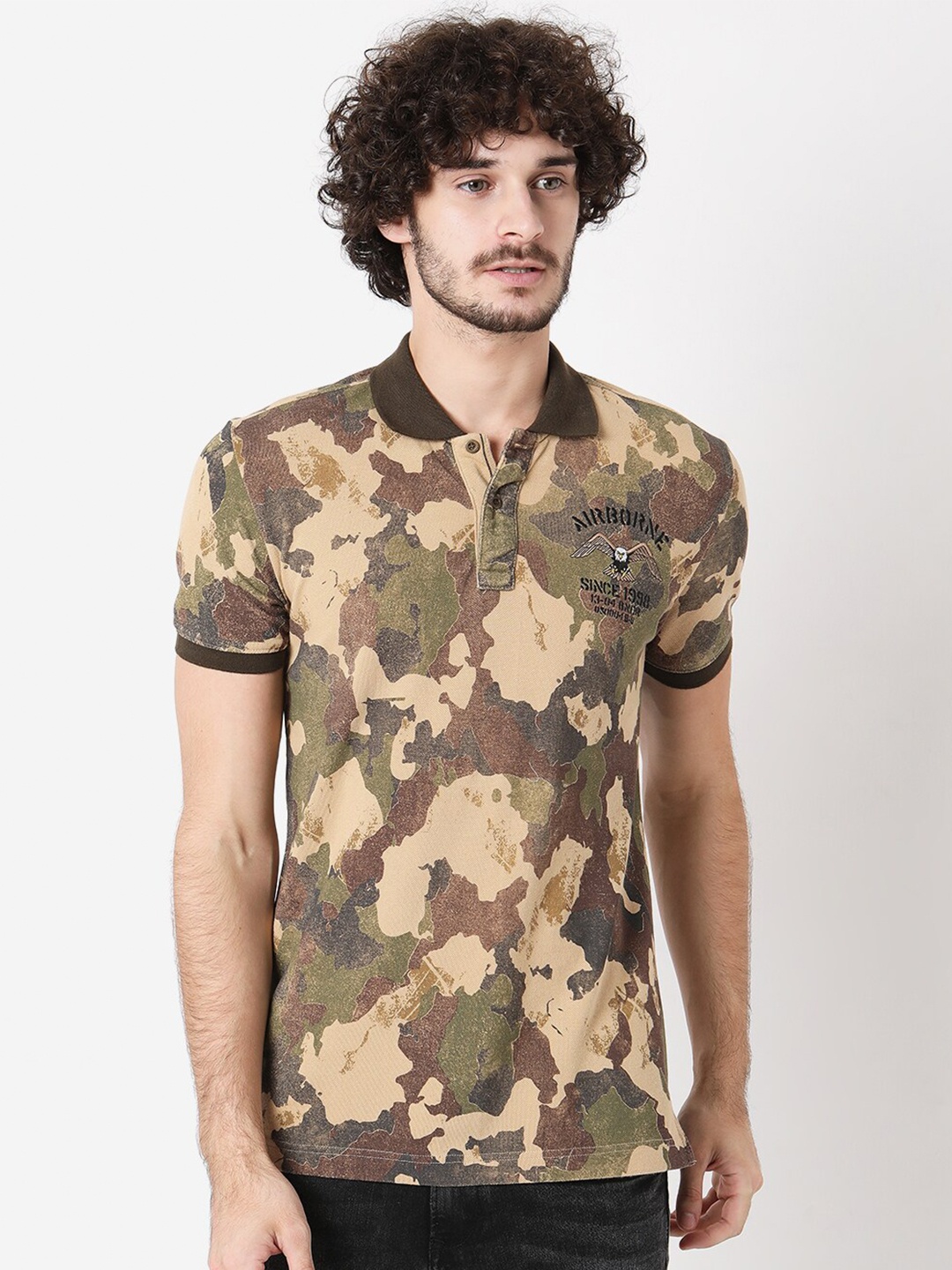 

Mufti Men Khaki Printed Polo Collar Slim Fit T-shirt