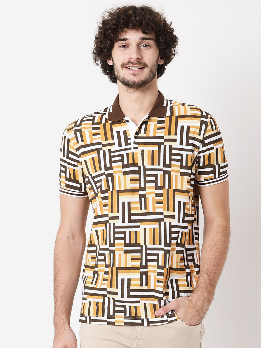 

Mufti Men Mustard Yellow Printed Polo Collar Slim Fit T-shirt
