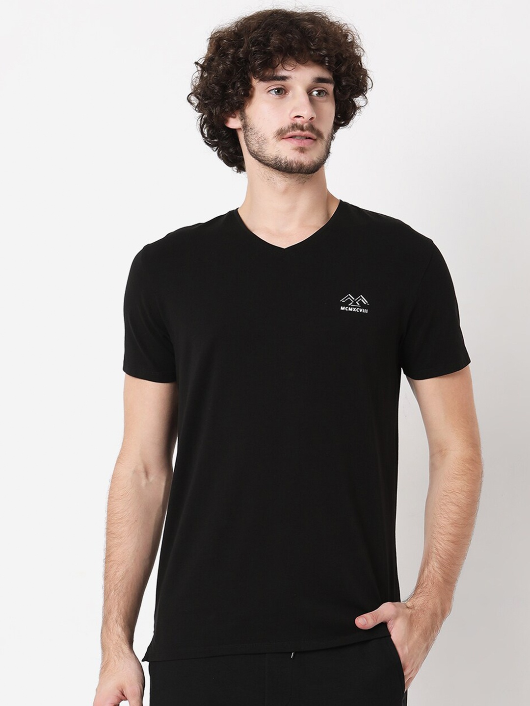 

Mufti Men Black V-Neck Slim Fit T-shirt
