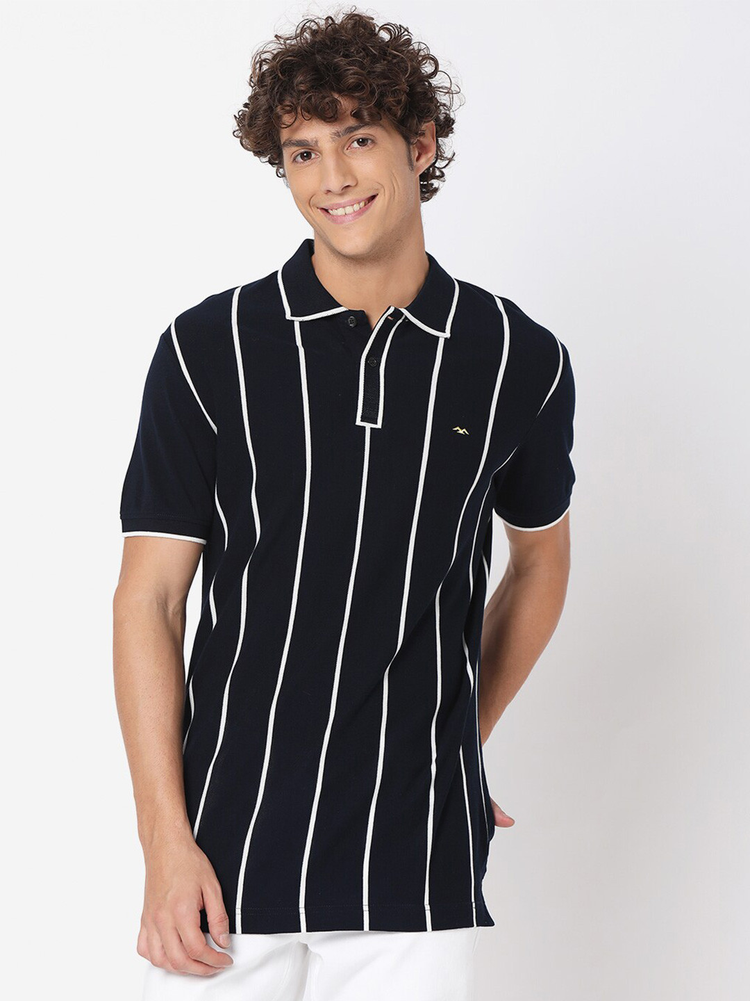

Mufti Men Navy Blue Striped Polo Collar Monochrome Slim Fit T-shirt