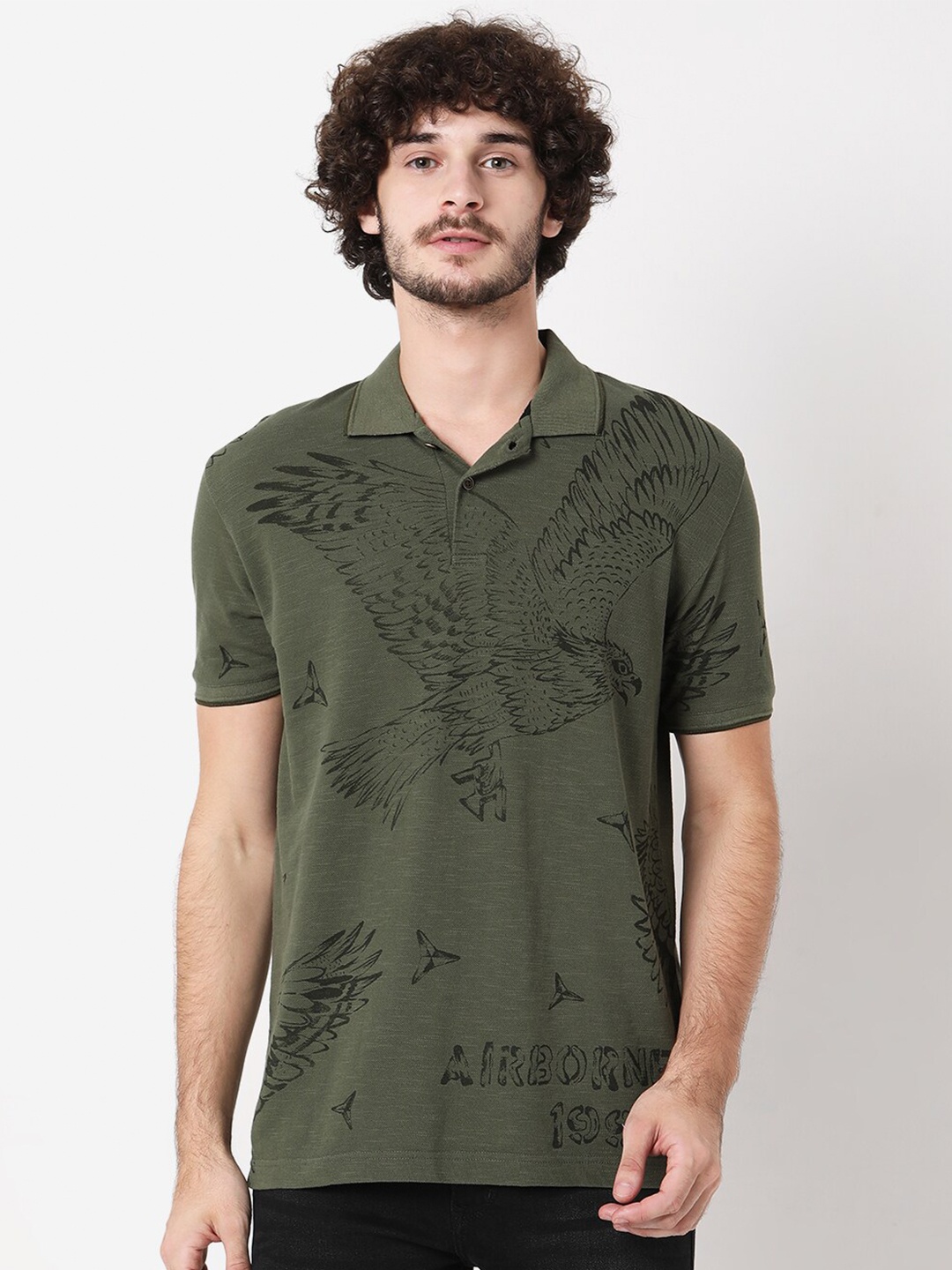 

Mufti Men Olive Green Printed Polo Collar Slim Fit T-shirt