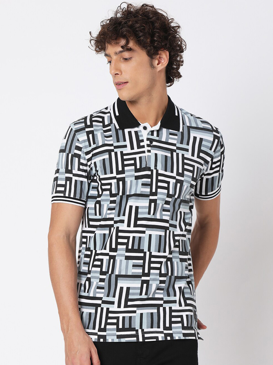 

Mufti Men Grey Printed Polo Collar Monochrome Slim Fit T-shirt