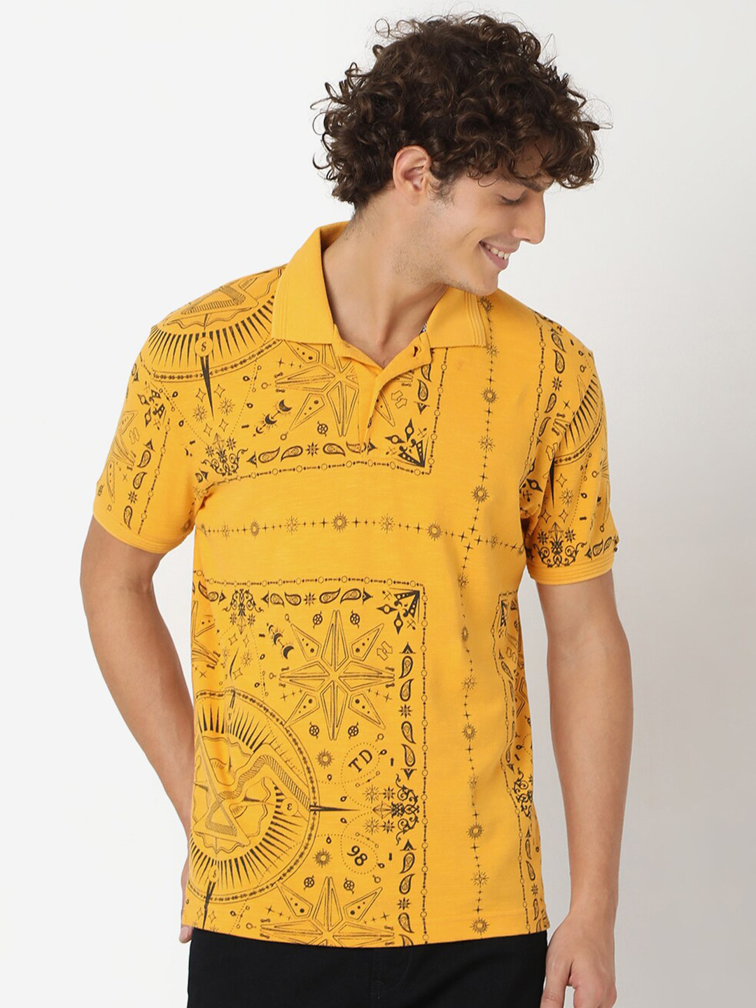 

Mufti Plus Size Men Mustard Yellow Printed Polo Collar Slim Fit Pure Cotton T-shirt