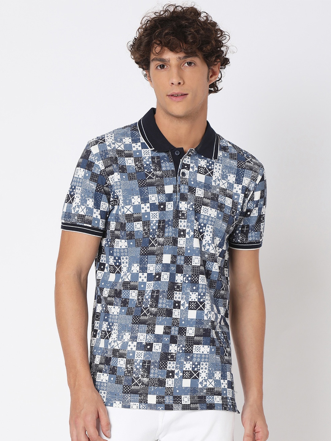 

Mufti Men Navy Blue Printed Polo Collar Slim Fit Pure Cotton T-shirt