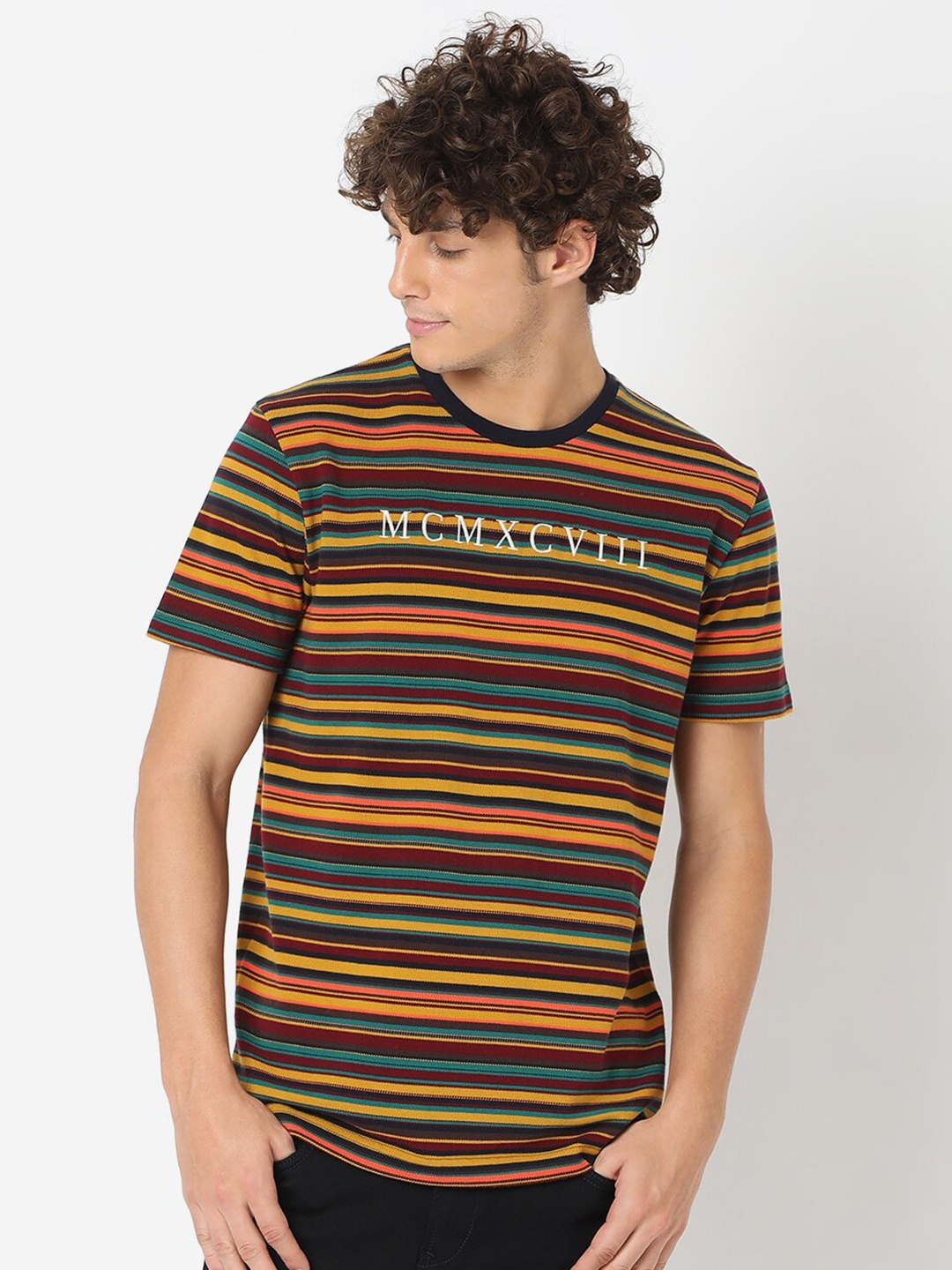 

Mufti Men Mustard Yellow & Blue Striped Slim Fit Pure Cotton T-shirt