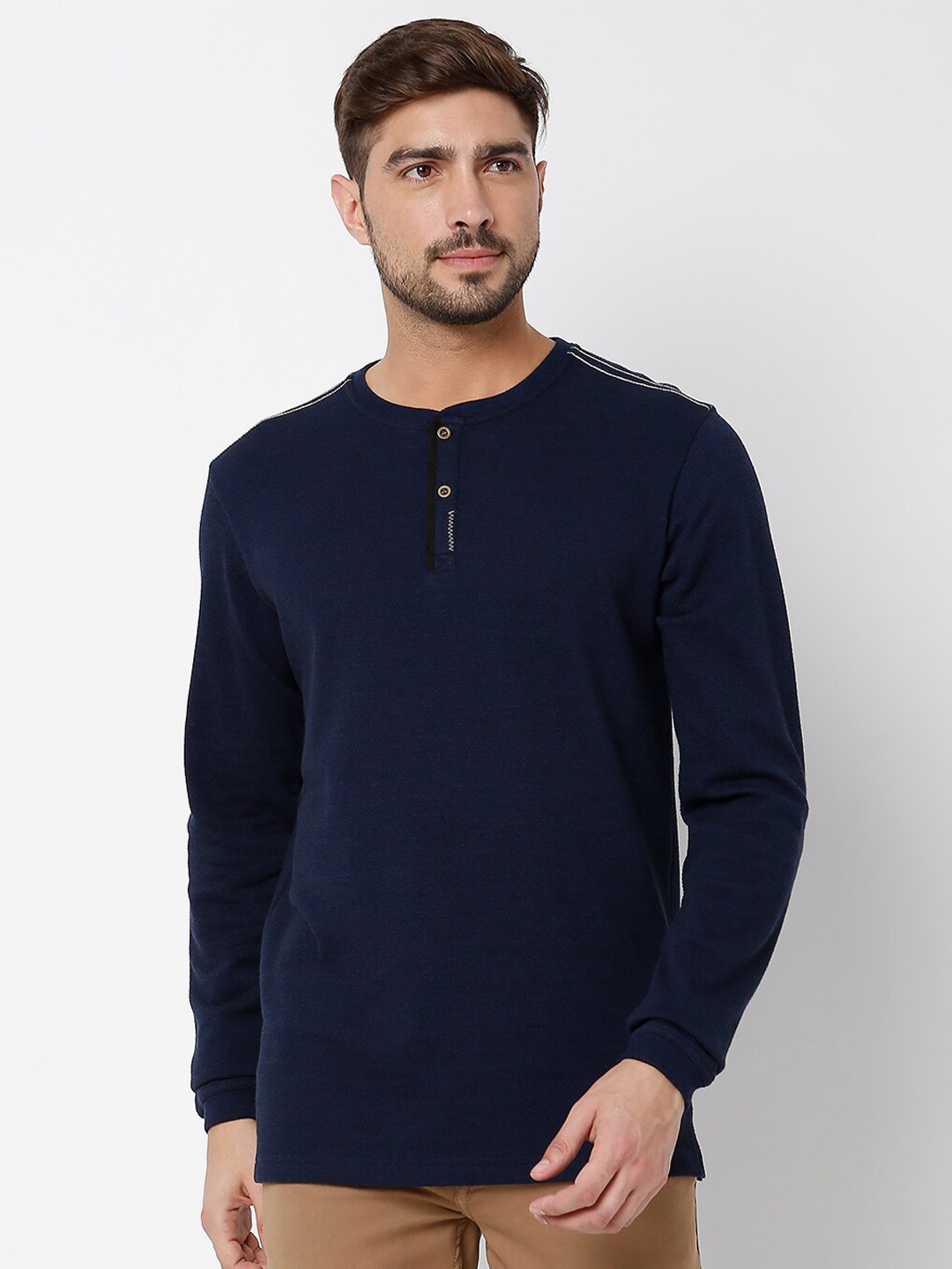 

Mufti Plus Size Men Navy Blue Henley Neck Slim Fit T-shirt