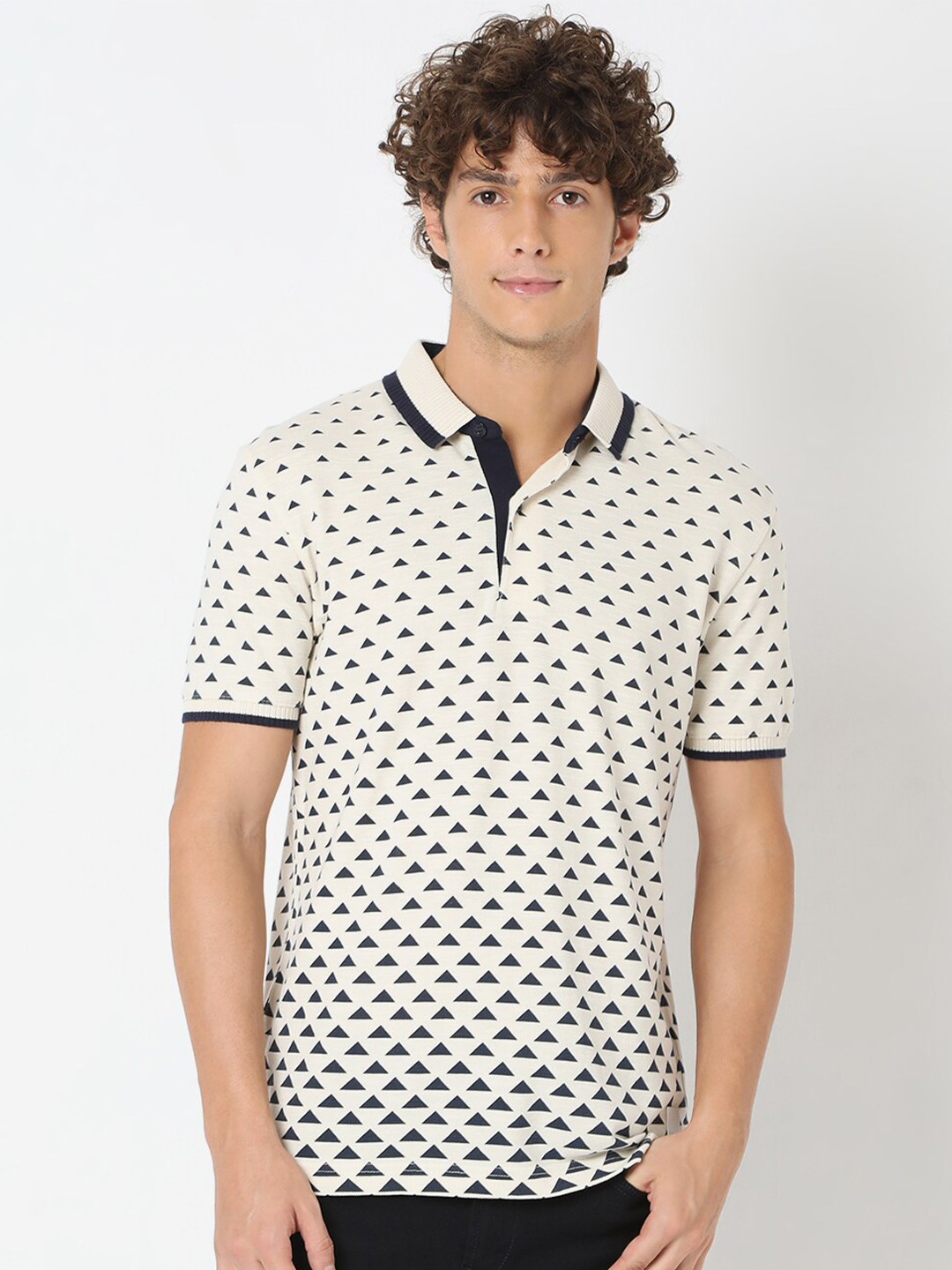 

Mufti Plus Size Men Off White Printed Polo Collar Slim Fit Pure Cotton T-shirt