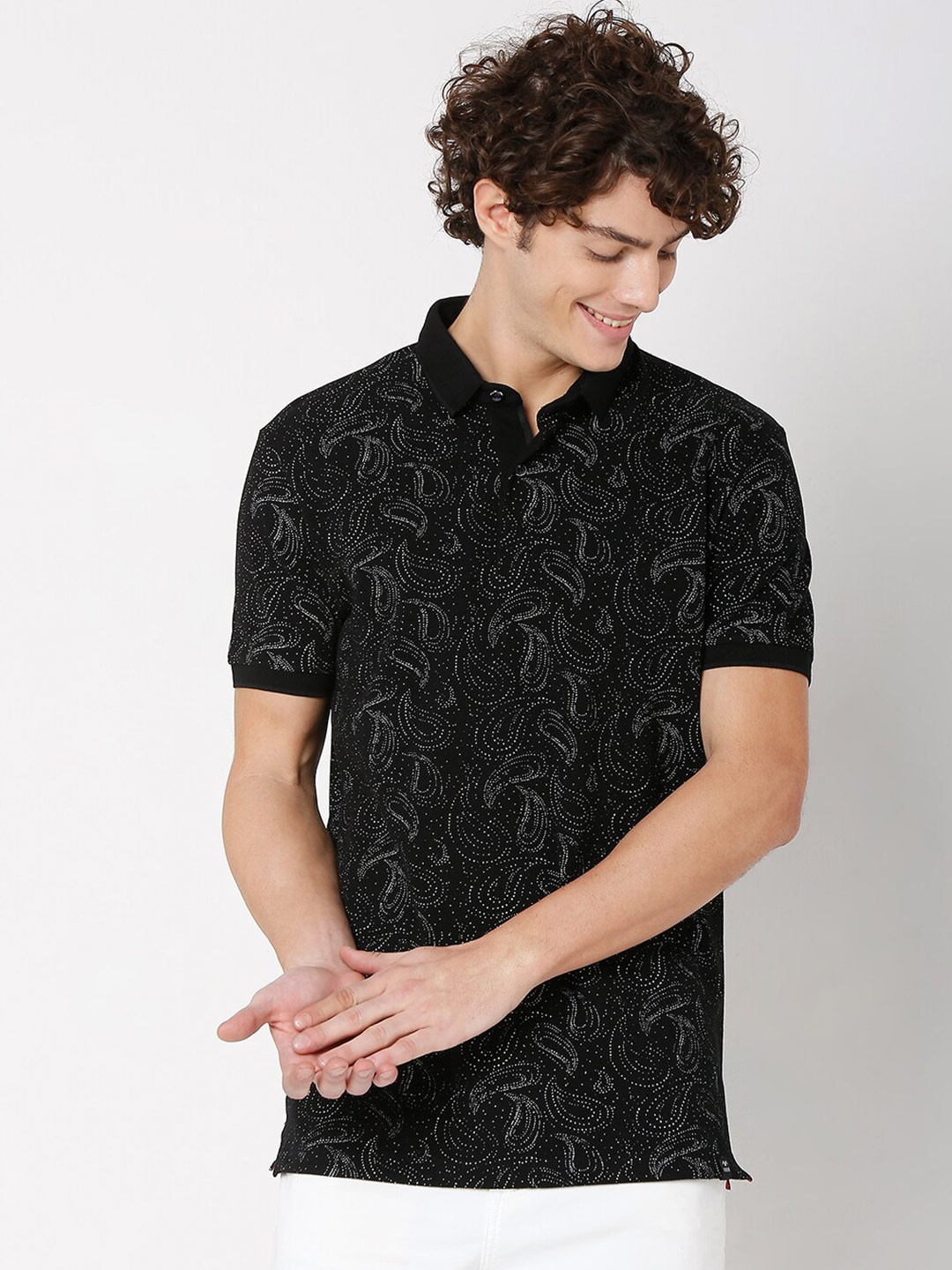 

Mufti Plus Size Men Black Printed Polo Collar Slim Fit Pure Cotton T-shirt