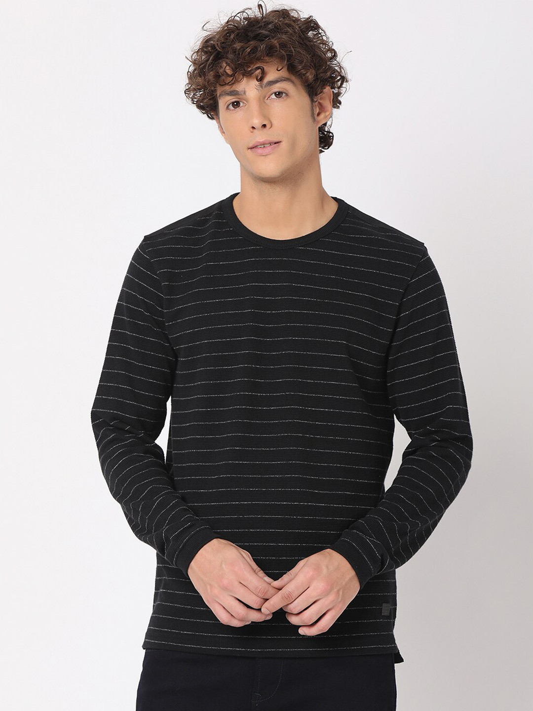 

Mufti Plus Size Men Black & Off White Striped Slim Fit T-shirt