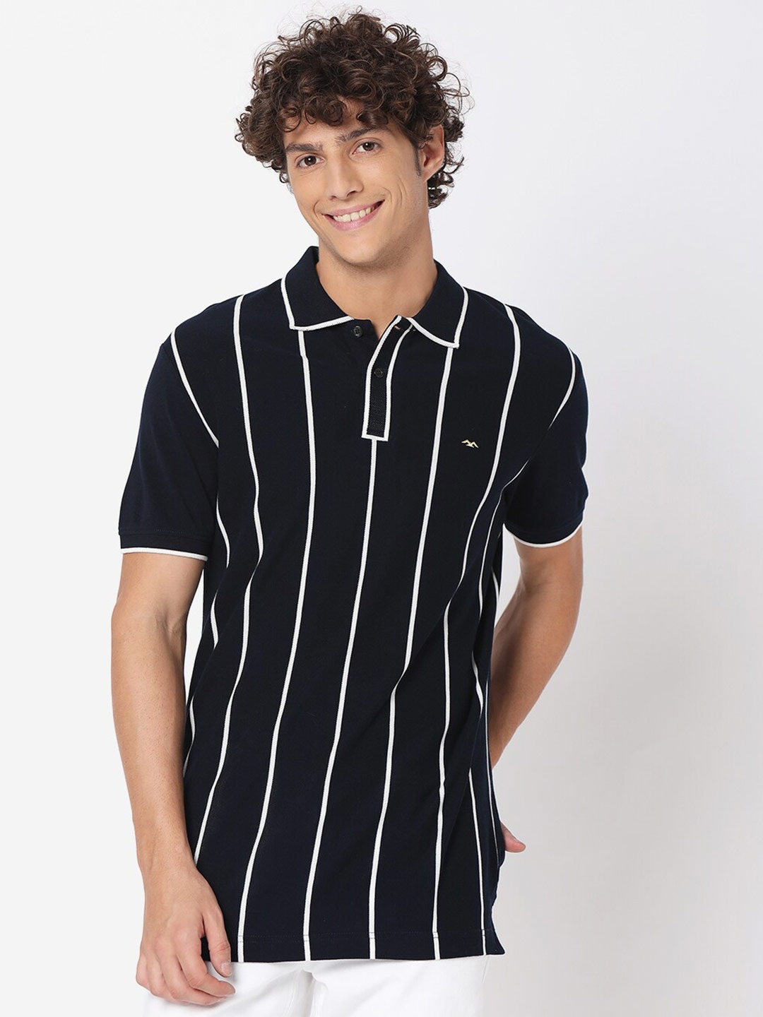 

Mufti Men Navy Blue & White Striped Polo Collar Slim Fit Pure Cotton T-shirt