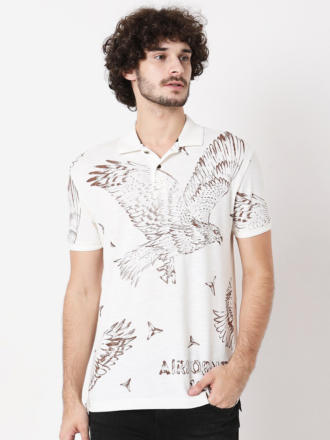 

Mufti Men Off White & Brown Printed Polo Collar Slim Fit Pure Cotton T-shirt