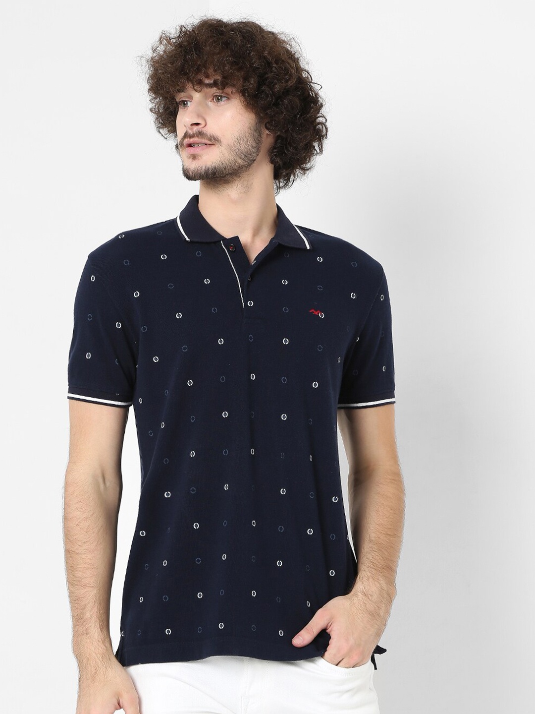 

Mufti Plus Size Men Navy Blue & White Printed Polo Collar Pure Cotton T-shirt