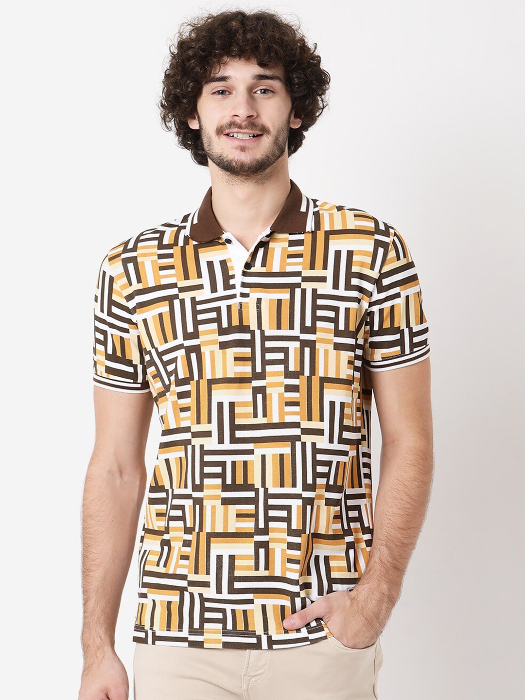 

Mufti Men Mustard Yellow & Brown Printed Polo Collar Slim Fit Pure Cotton T-shirt