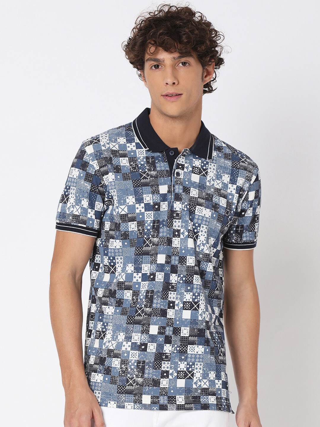 

Mufti Plus Size Men Navy Blue & White Printed Polo Collar Slim Fit Pure Cotton T-shirt