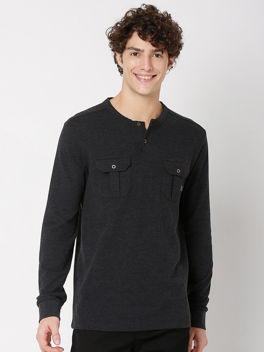 

Mufti Men Grey Melange Henley Neck Slim Fit T-shirt