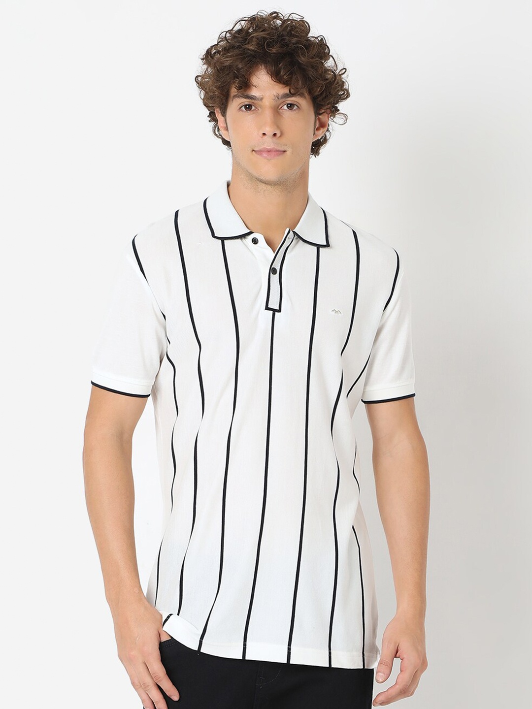 

Mufti Plus Size Men White & Black Striped Polo Collar Slim Fit Pure Cotton T-shirt