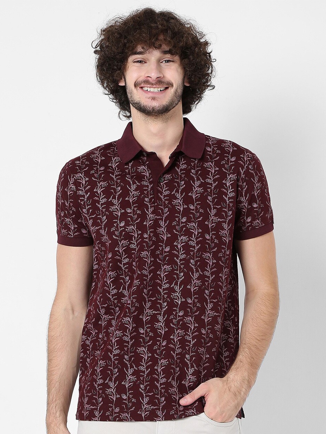 

Mufti Men Burgundy Floral Printed Polo Collar Slim Fit Pure Cotton T-shirt
