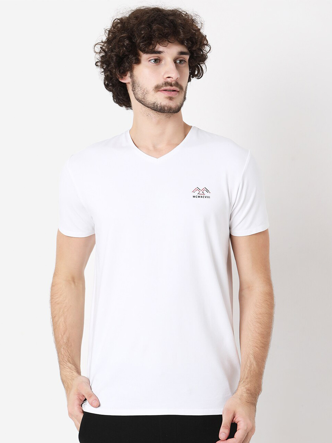 

Mufti Plus Size Men White V-Neck Slim Fit T-shirt