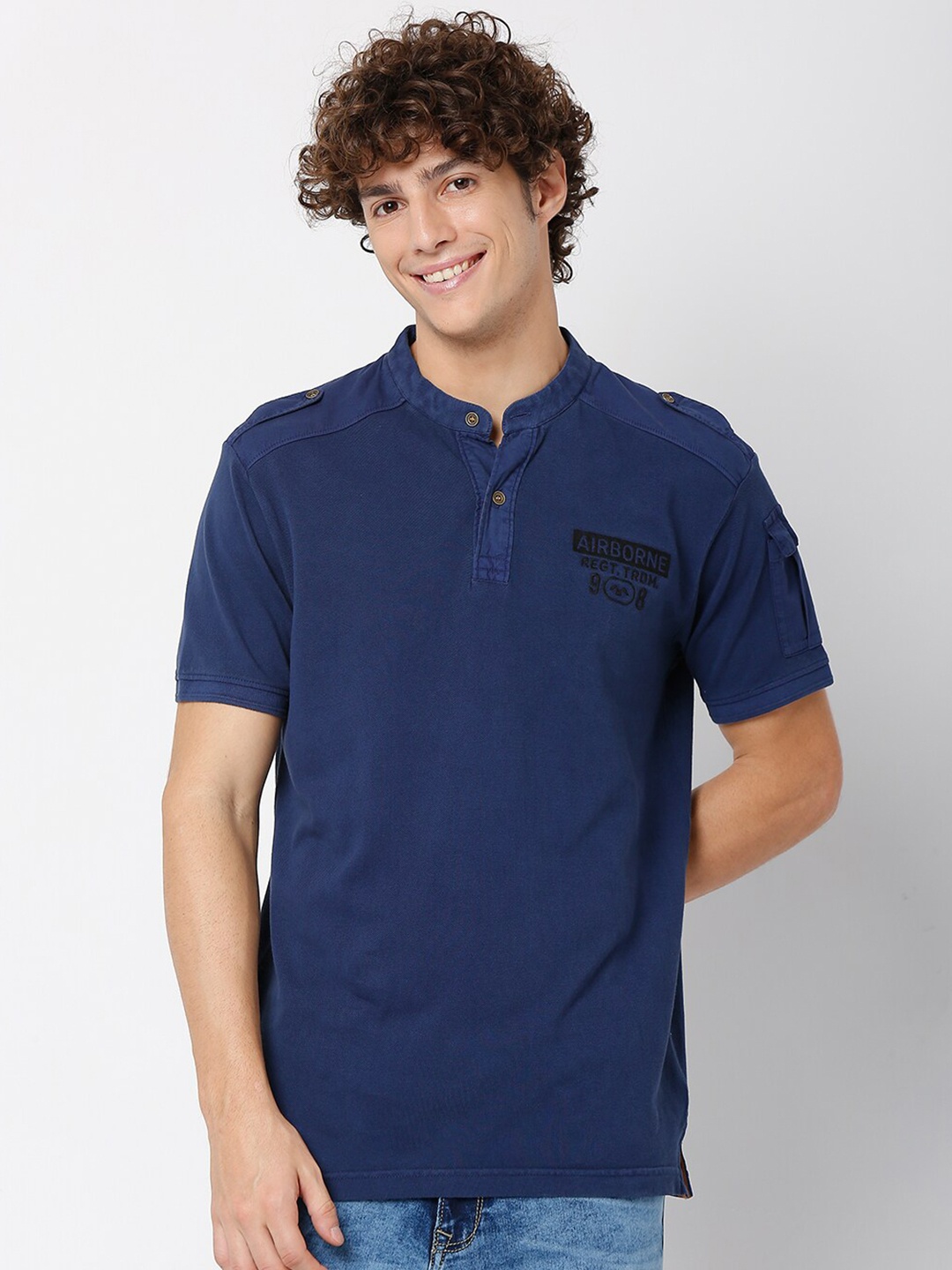 

Mufti Plus Size Men Navy Blue Mandarin Collar Slim Fit T-shirt