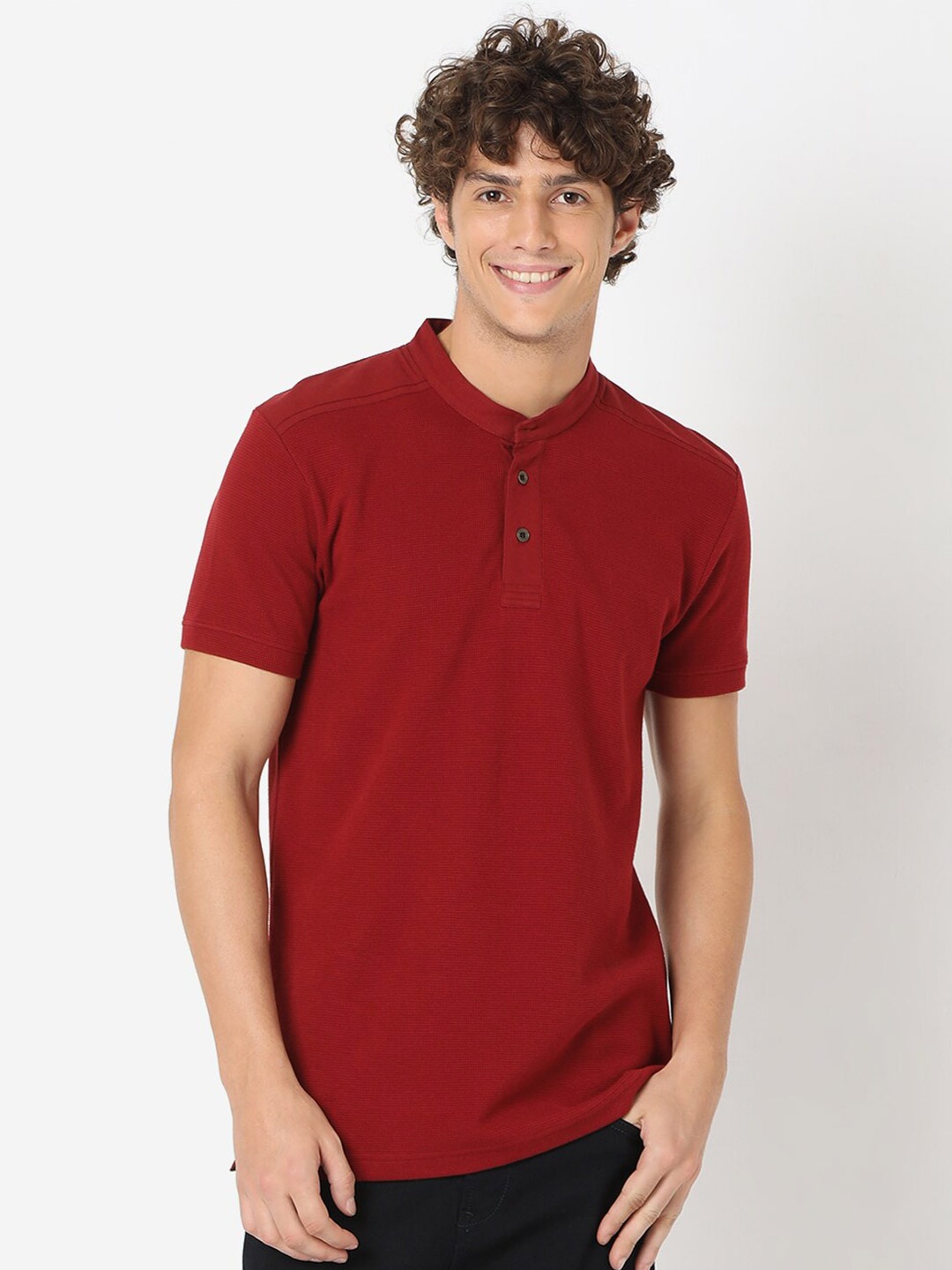 

Mufti Plus Size Men Maroon Mandarin Collar Slim Fit T-shirt