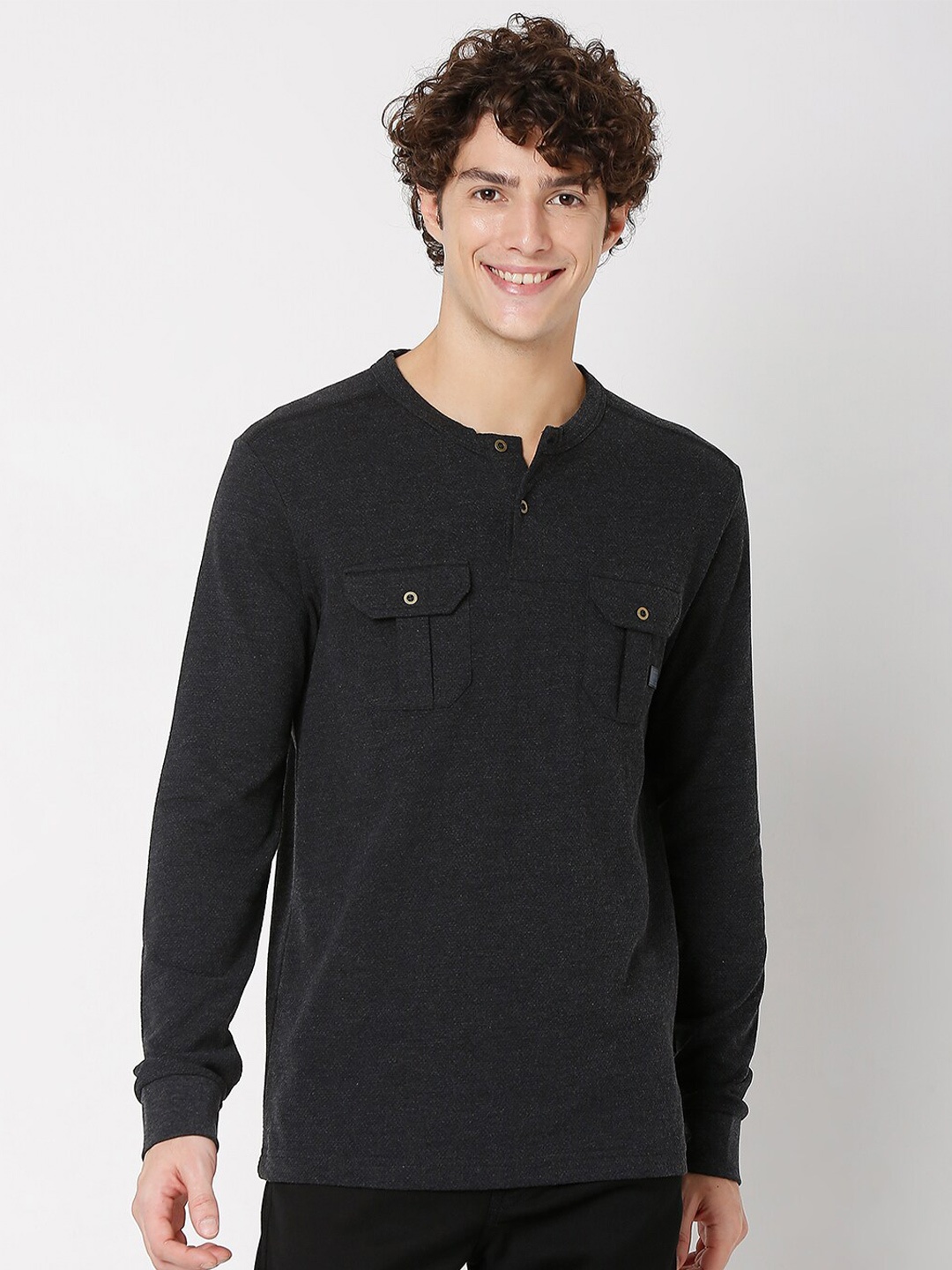 

Mufti Plus Size Men Grey Melange Henley Neck Slim Fit T-shirt
