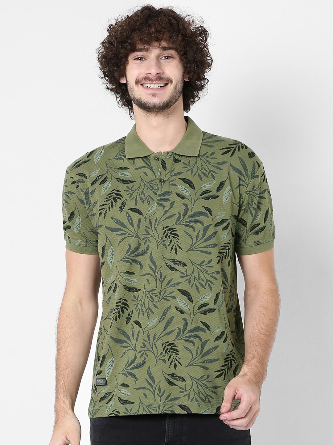

Mufti Men Olive Green Floral Printed Polo Collar Tropical Slim Fit Pure Cotton T-shirt
