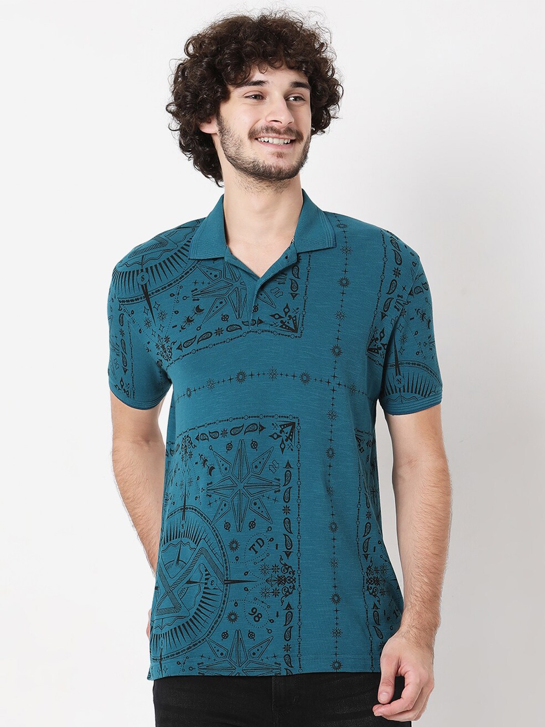 

Mufti Plus Size Men Teal & Black Printed Polo Collar Slim Fit Pure Cotton T-shirt