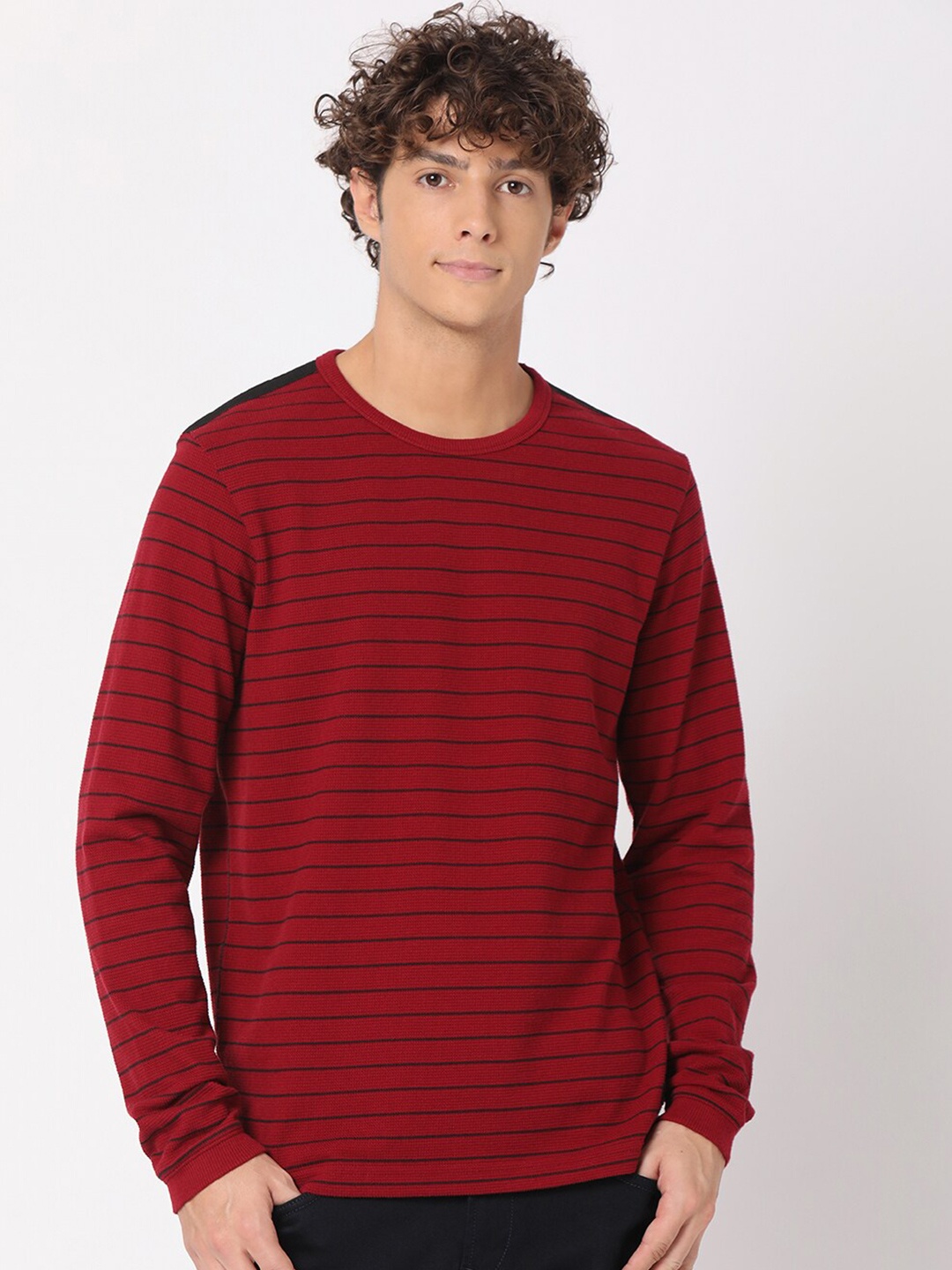 

Mufti Plus Size Men Burgundy & Black Striped Slim Fit T-shirt