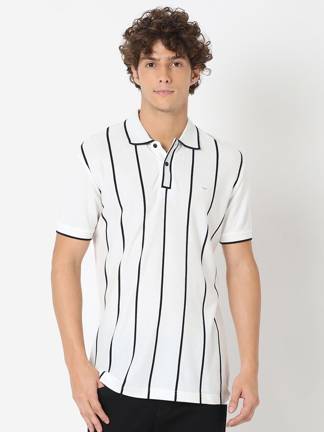 

Mufti Men White & Black Striped Polo Collar Slim Fit Pure Cotton T-shirt