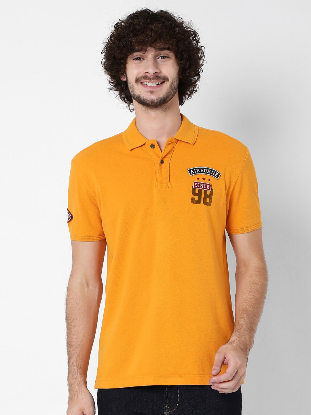 

Mufti Men Mustard Yellow Polo Collar Applique Slim Fit Pure Cotton T-shirt