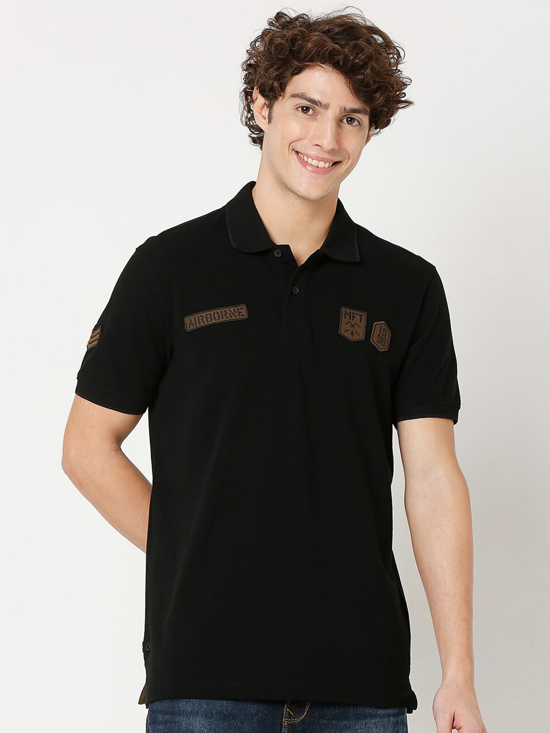 

Mufti Men Black & Brown Polo Collar Applique Slim Fit Pure Cotton T-shirt