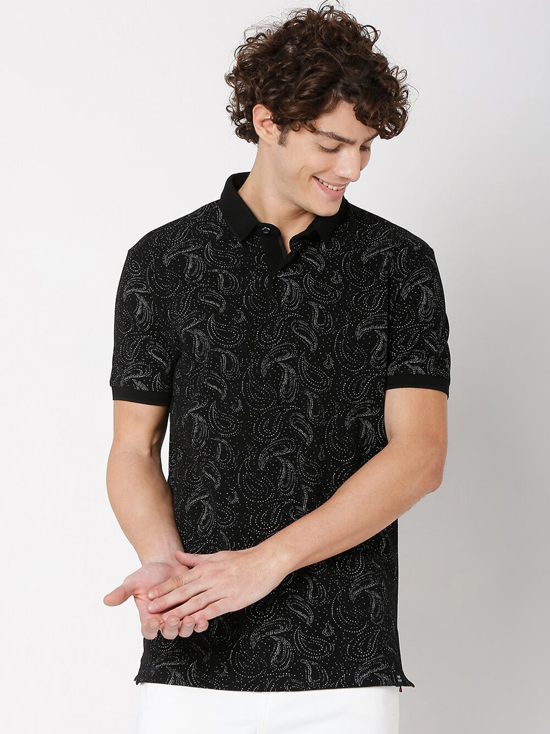 

Mufti Men Black Printed Polo Collar Pure Cotton Slim Fit T-shirt