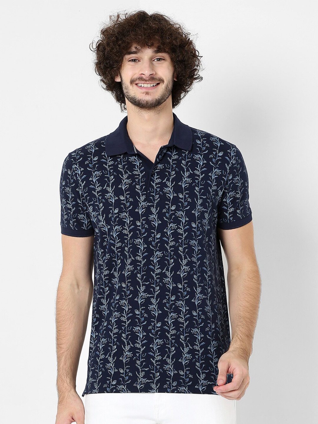 

Mufti Men Navy Blue Floral Printed Polo Collar Pure Cotton Slim Fit T-shirt