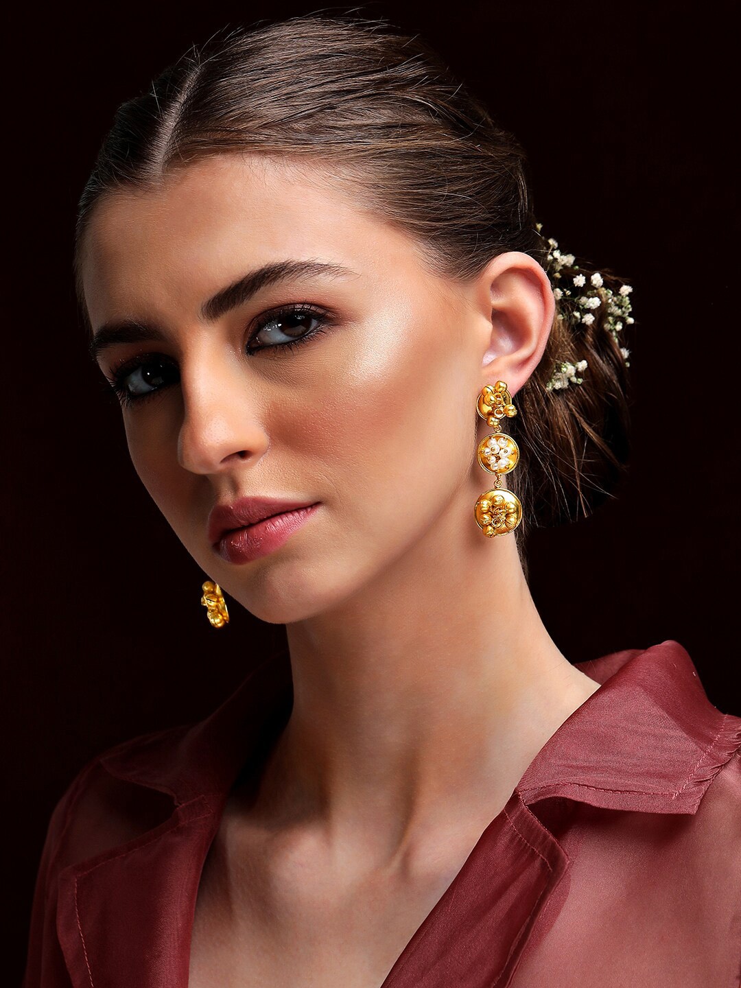 

Rubans 24K Gold-Plated & White Pearls And Beads Circular Drop Earrings