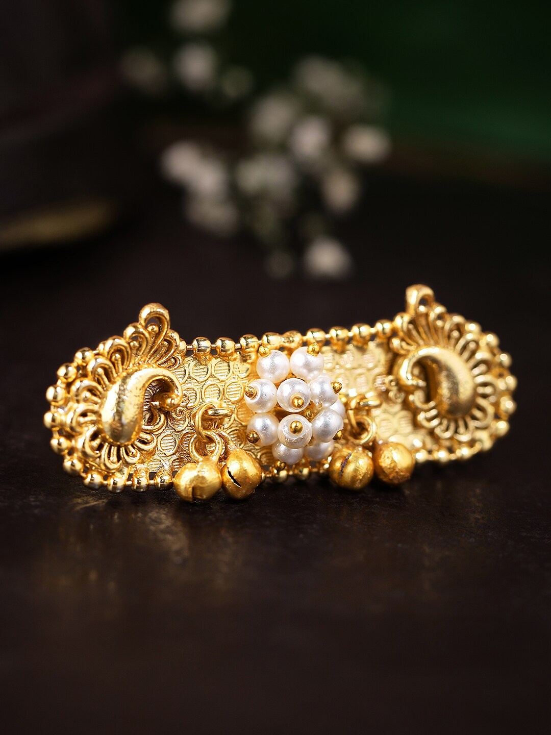 

Rubans 24K Gold-Plated White Pearl Beaded Adjustable Finger Ring